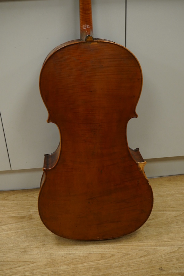 An early 19th century English cello for restoration, body length 74.5cm, together with an ebonised wood W.E. Hill & Sons case. Condition - poor to fair.